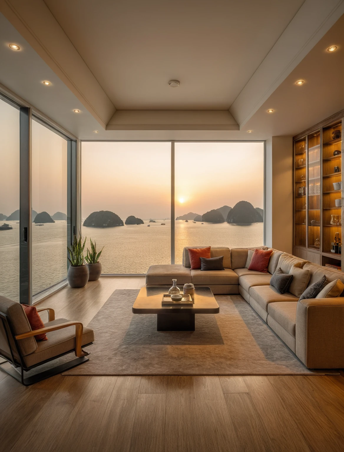 Raw photo,Masterpiece, high quality, best quality, authentic, super detail, interior, livingroom style modern, sunset, evening light, sofa, tea table, carpet, flower vase on tea table, wine bottle, tray, armchair, wine cabinet, books, glass cabinet doors, snake plant pot, downlight, windows overlooking the sunset halong bay, wooden floor, 