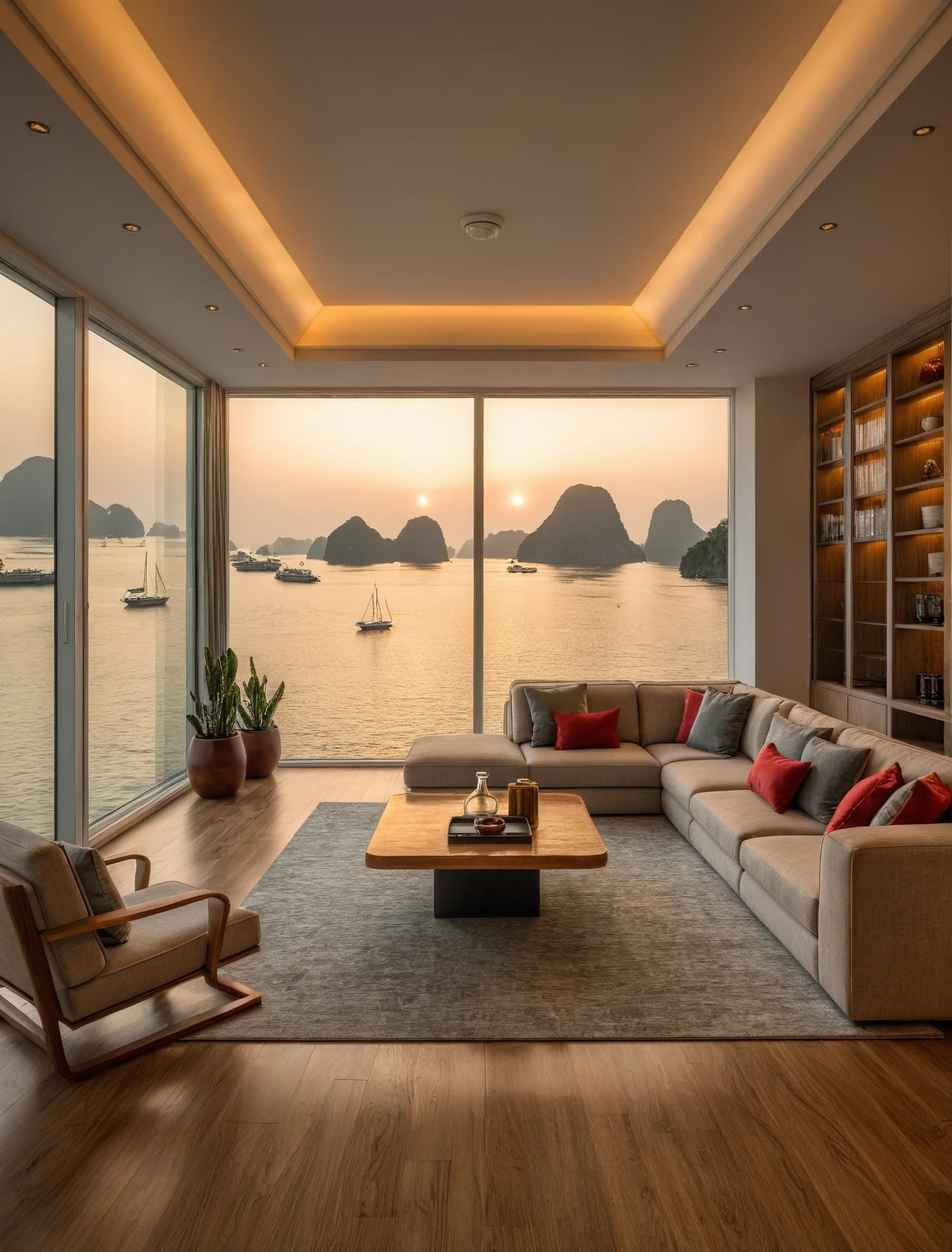 Raw photo,Masterpiece, high quality, best quality, authentic, super detail, interior, livingroom style modern, sunset, evening light, sofa, tea table, carpet, flower vase on tea table, wine bottle, tray, armchair, wine cabinet, books, glass cabinet doors, snake plant pot, downlight, windows overlooking the sunset halong bay, wooden floor, 