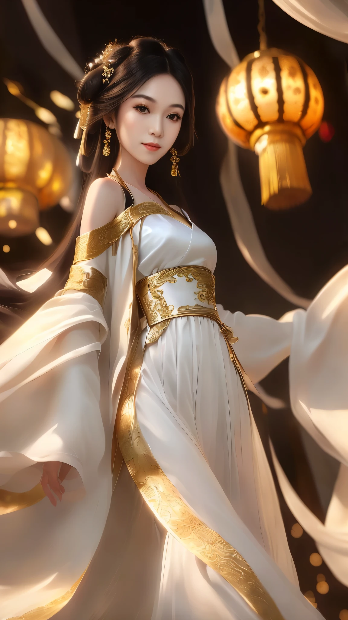 Girl in traditional Chinese clothing, Hanfu, Guzhen Hanfu women, gold Hanfu,(long straight black hair:1.5), black eyes, black bun hairstyle, hair accessories ,white diamond earrings, Bangle Diameter, Dia Necklace, Clear eyes, Facing forward,put on makeup, Long eyelashes ,(Black and gold long shoulder coat:1.5), (Very long skirt, white:1.5), ((Whole body)), ((from below)), Clear face, , (Very beautiful face, Beautiful mouth, beautiful eyes), detailed face, ((Ultra-fine skin)), In the dark, deep shadows, an ancient Chinese girl (Very slim figure 1.3) ,Plump breasts, elegant posture ,(palace in the sky:1.5),,(evil smile:1.3),