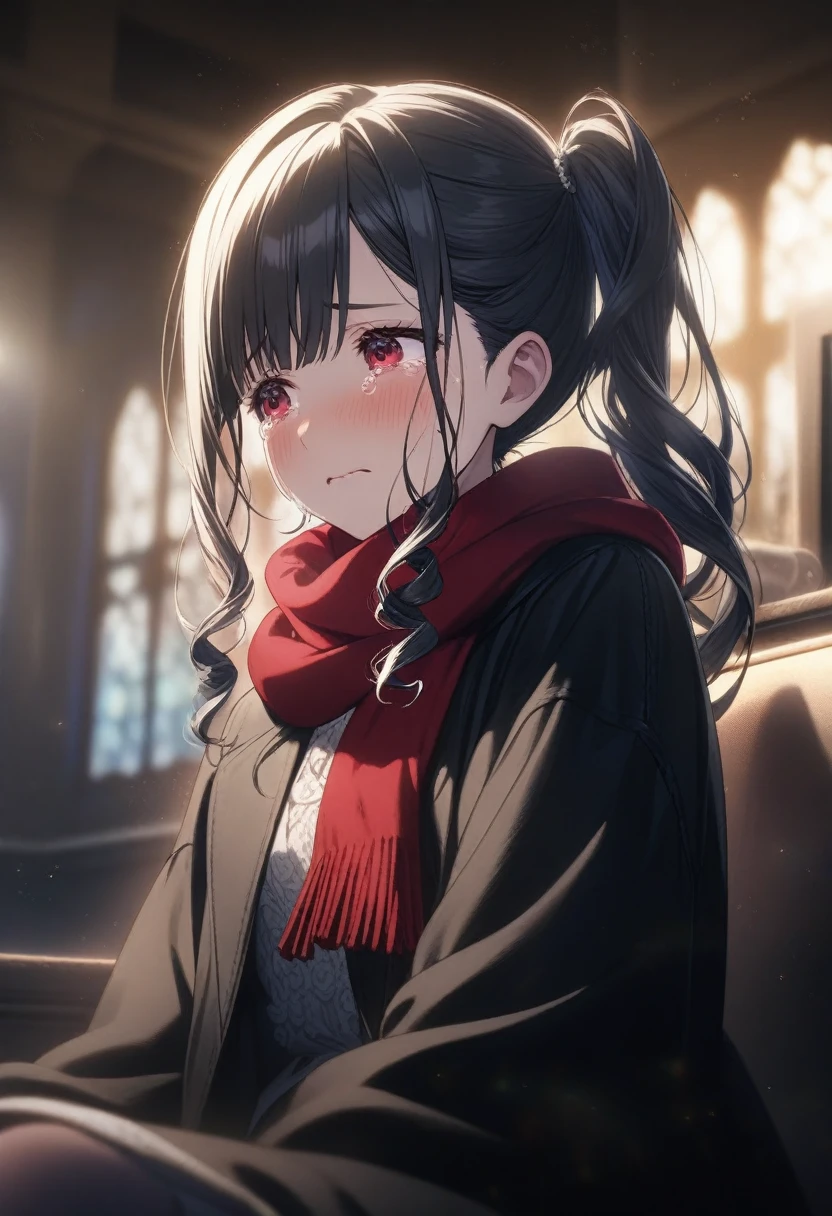 1girl unowen, official art, sitting, crying, tears streaming, black coat, red scarf, black hair, side_ponytail, red eyes, (very aesthetic, best quality, ultra detailed), intricate details, highres, indoors, light particles, close-up, blurry background,, low angle, cinematic angle, cowboy shot, emotional, delicate features
