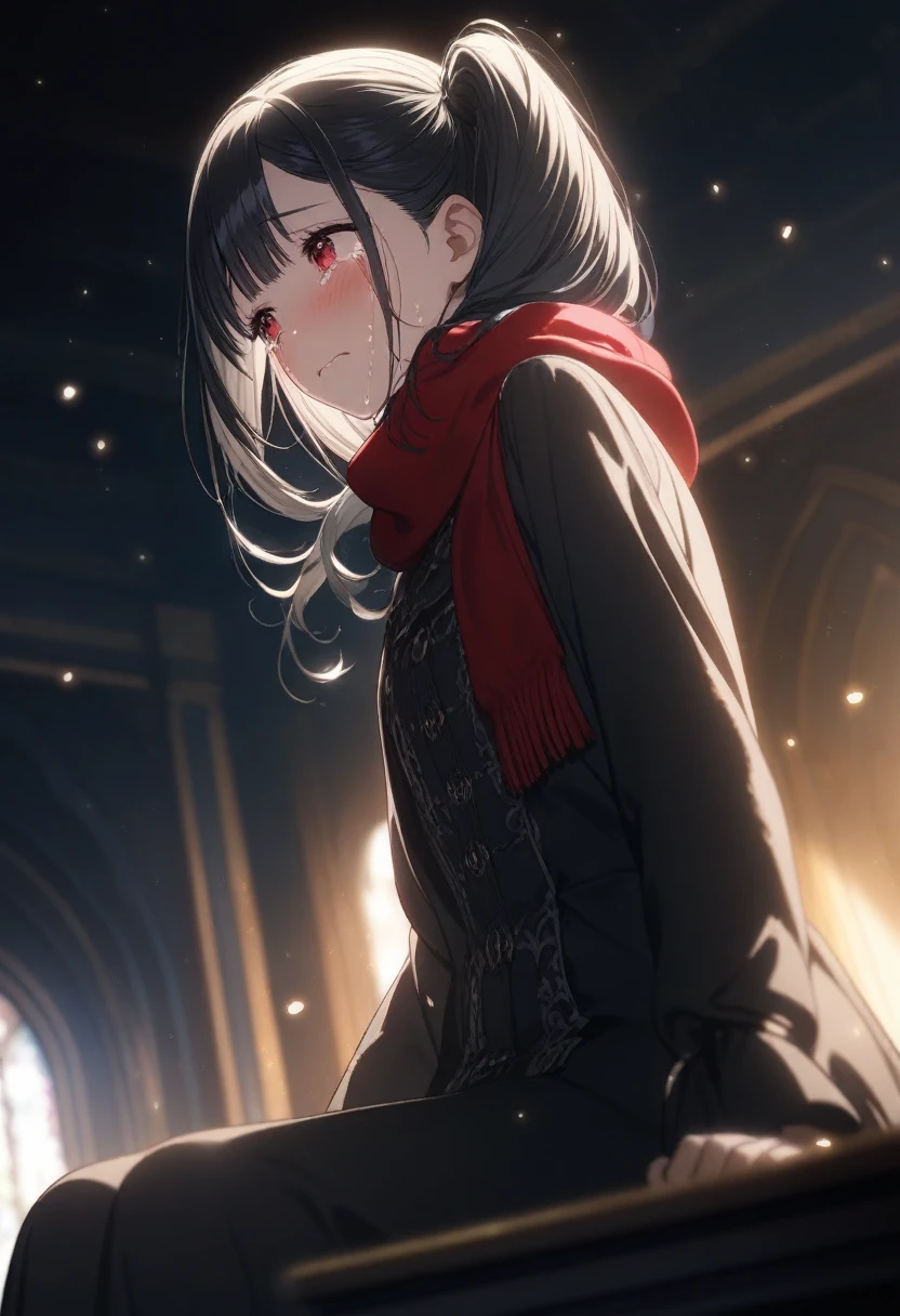 1girl unowen, official art, sitting, crying, tears streaming, black coat, red scarf, black hair, side_ponytail, red eyes, (very aesthetic, best quality, ultra detailed), intricate details, highres, indoors, light particles, close-up, blurry background,, low angle, cinematic angle, cowboy shot, emotional, delicate features
