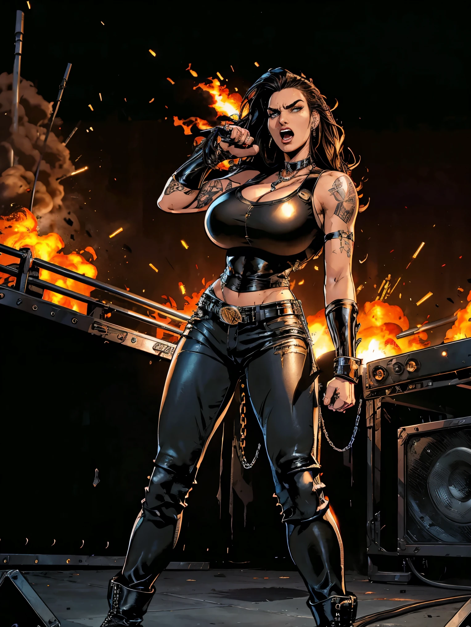 Extremely busty thin and toned brunette death metal singer, college girl, fair skin, big hair, hair pulled back, soft face, athletic, heavy makeup, piercings, black leather, studs, tight black top, boots, fingerless gloves, tight pants, chains. standing on a stage, pyrotechnics, holding a microphone, metal concert. (microphone, fist in the sky), angry, rage, screaming. Heavy metal. Death metal. Explosions, fire.