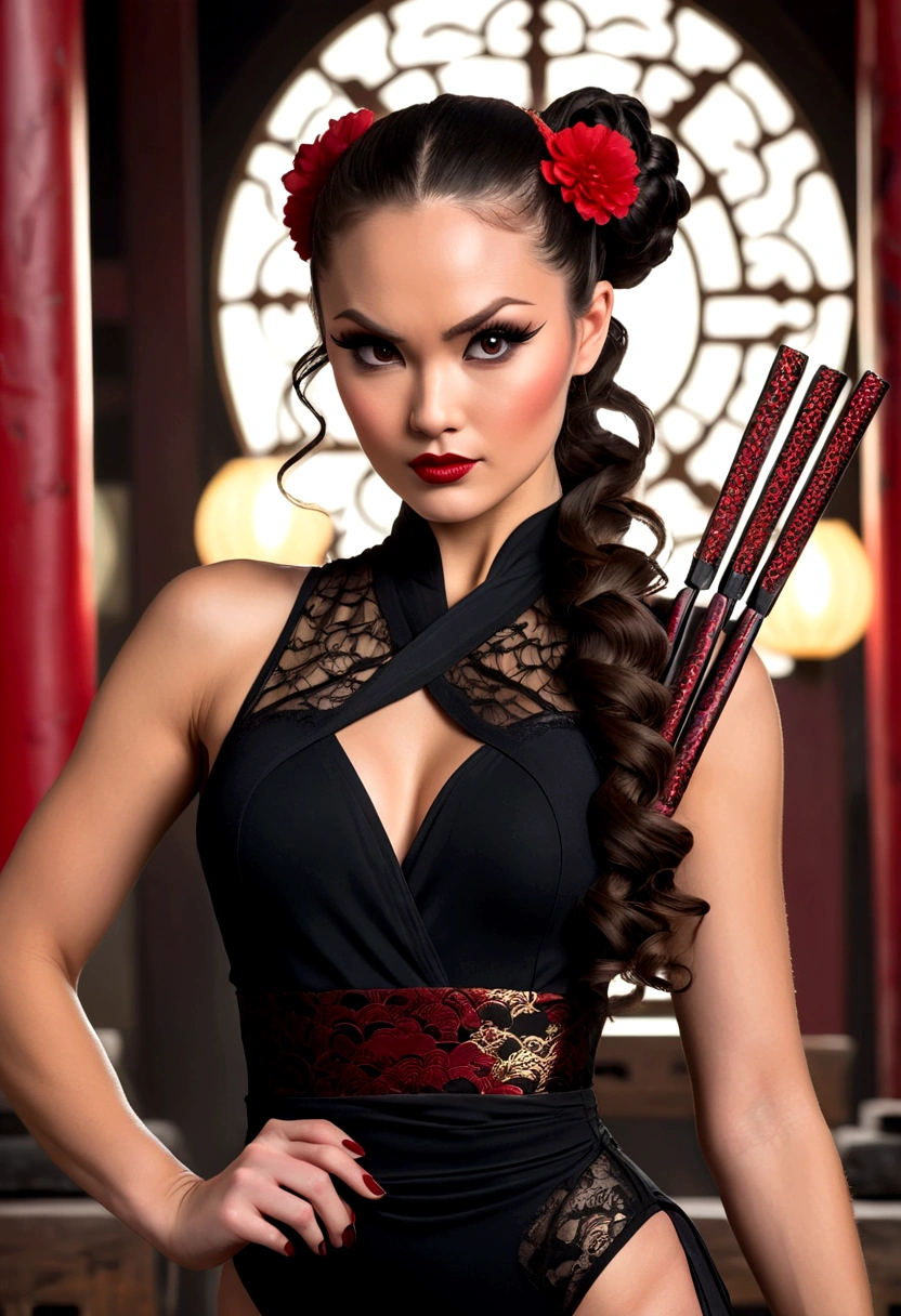 Tori Black asian ninja warrior holding sharp hairpins, ringlets wavy five feet long black hair, updo hairstyle with ponytail on one side and long hairpins holding the bun, dark red glossy lips, heavy black eye shadow long black eyeliner, long sharp nails, black lace beautiful and creative sleeveless ninja warrior bodysuit, huge cleavage, forehead lace ornament, posing in a Shaolin temple interior, happy expression, dark ambience night time candle lights. No faces on her chest!