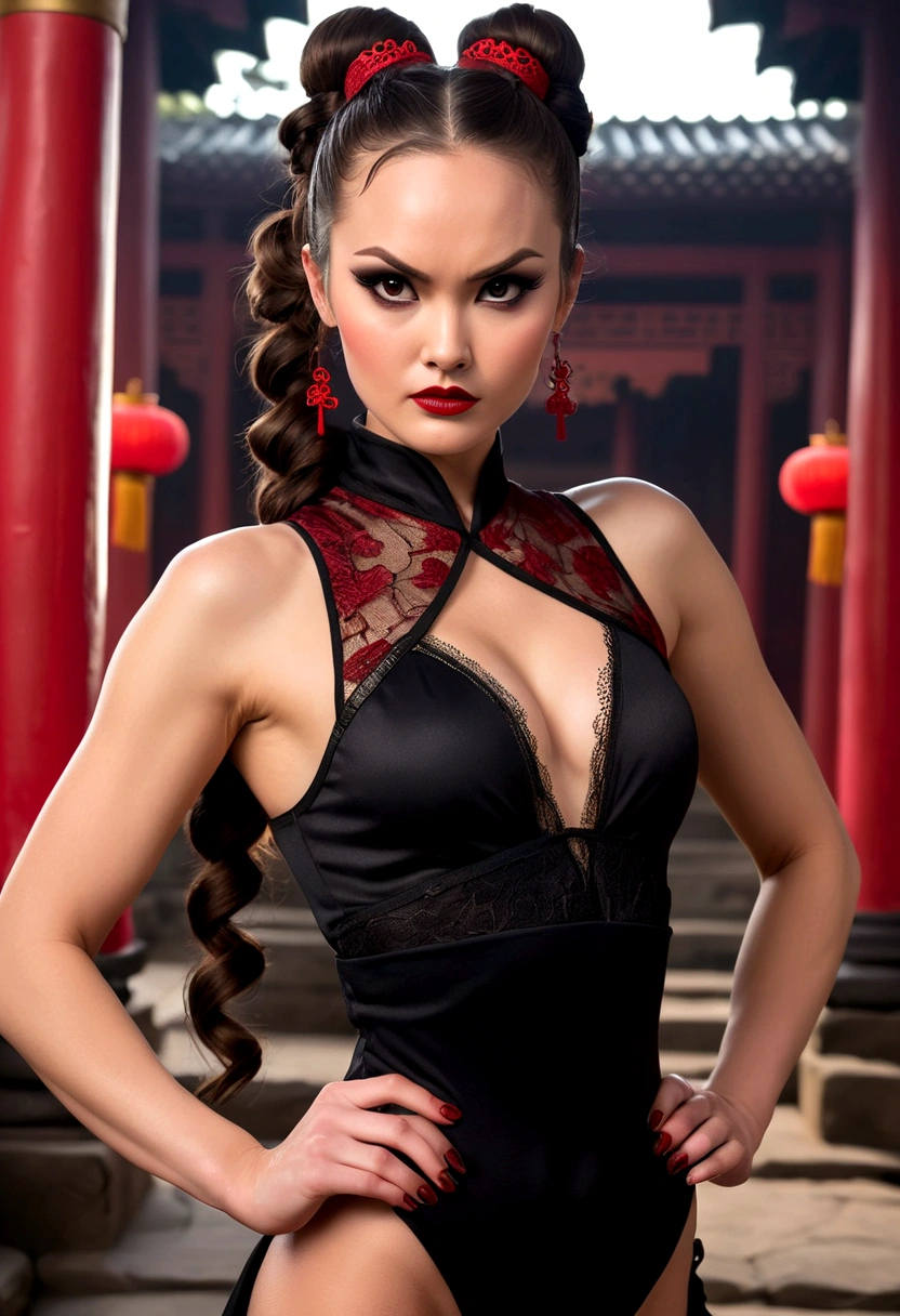 Tori Black asian ninja warrior holding sharp hairpins, ringlets wavy five feet long black hair, updo hairstyle with ponytail on one side and long hairpins holding the bun, dark red glossy lips, heavy black eye shadow long black eyeliner, long sharp nails, black lace beautiful and creative sleeveless ninja warrior bodysuit, huge cleavage, forehead lace ornament, posing in a Shaolin temple interior, happy expression, dark ambience night time candle lights. No faces on her chest!