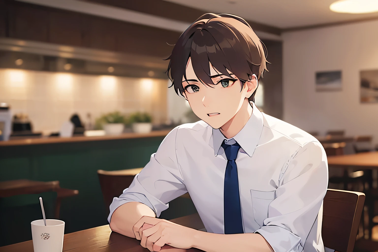 looking away,upper body,masterpiece、Highest quality、BREAK (25-year-old male:1.5) and (Mahogany brown short hair) and (Green Eyes)BREAK (white collared shirt) and (Blue tie),surprised,The background is the interior of a restaurant at night.,Sitting,