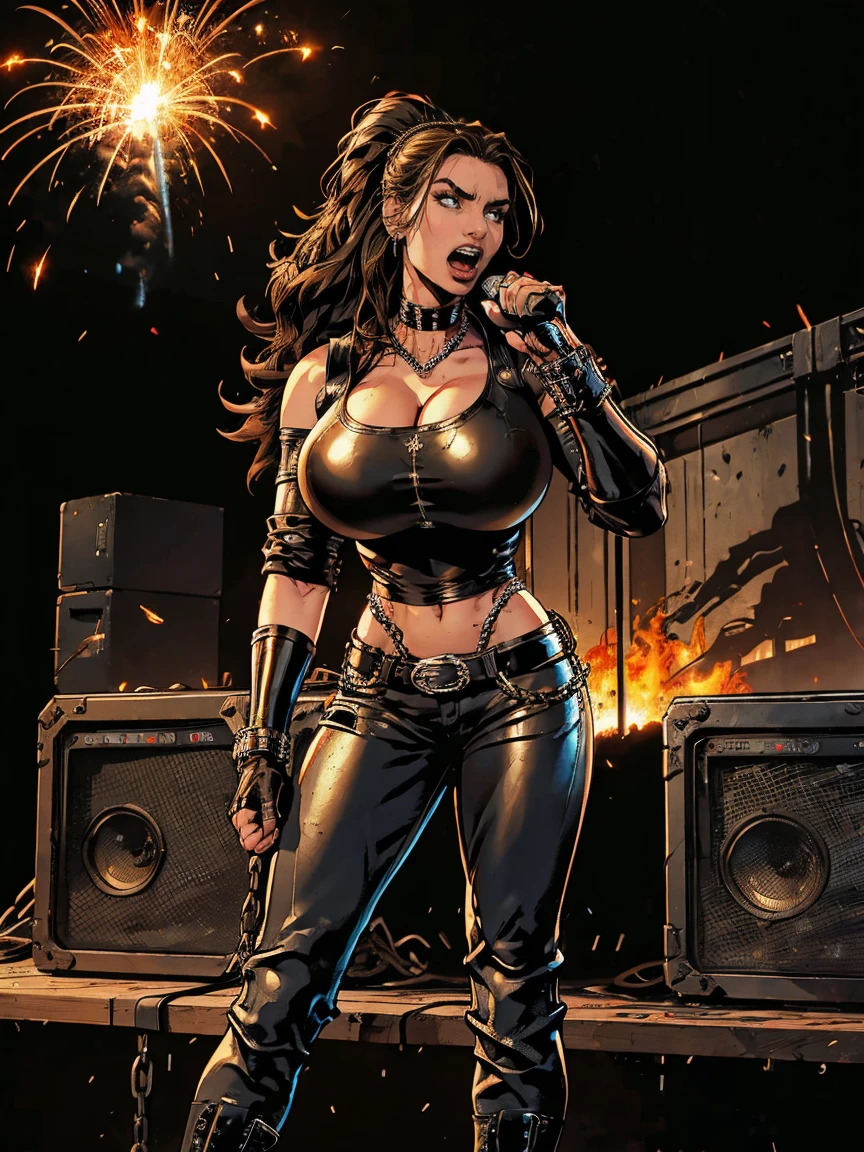 Extremely busty thin and toned brunette death metal singer, college girl, fair skin, big hair, hair pulled back, soft face, athletic, heavy makeup, piercings, black leather, studs, tight black top, boots, fingerless gloves, tight pants, chains. standing on a stage, pyrotechnics, holding a microphone, metal concert. (microphone, fist in the sky), angry, rage, screaming. Heavy metal. Death metal. Explosions, fire.