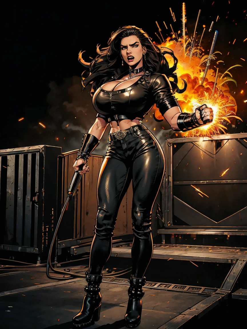Extremely busty thin and toned brunette death metal singer, college girl, fair skin, big hair, hair pulled back, soft face, athletic, heavy makeup, piercings, black leather, studs, tight black top, boots, fingerless gloves, tight pants, chains. standing on a stage, pyrotechnics, holding a microphone, metal concert. (microphone, fist in the sky), angry, rage, screaming. Heavy metal. Death metal. Explosions, fire.
