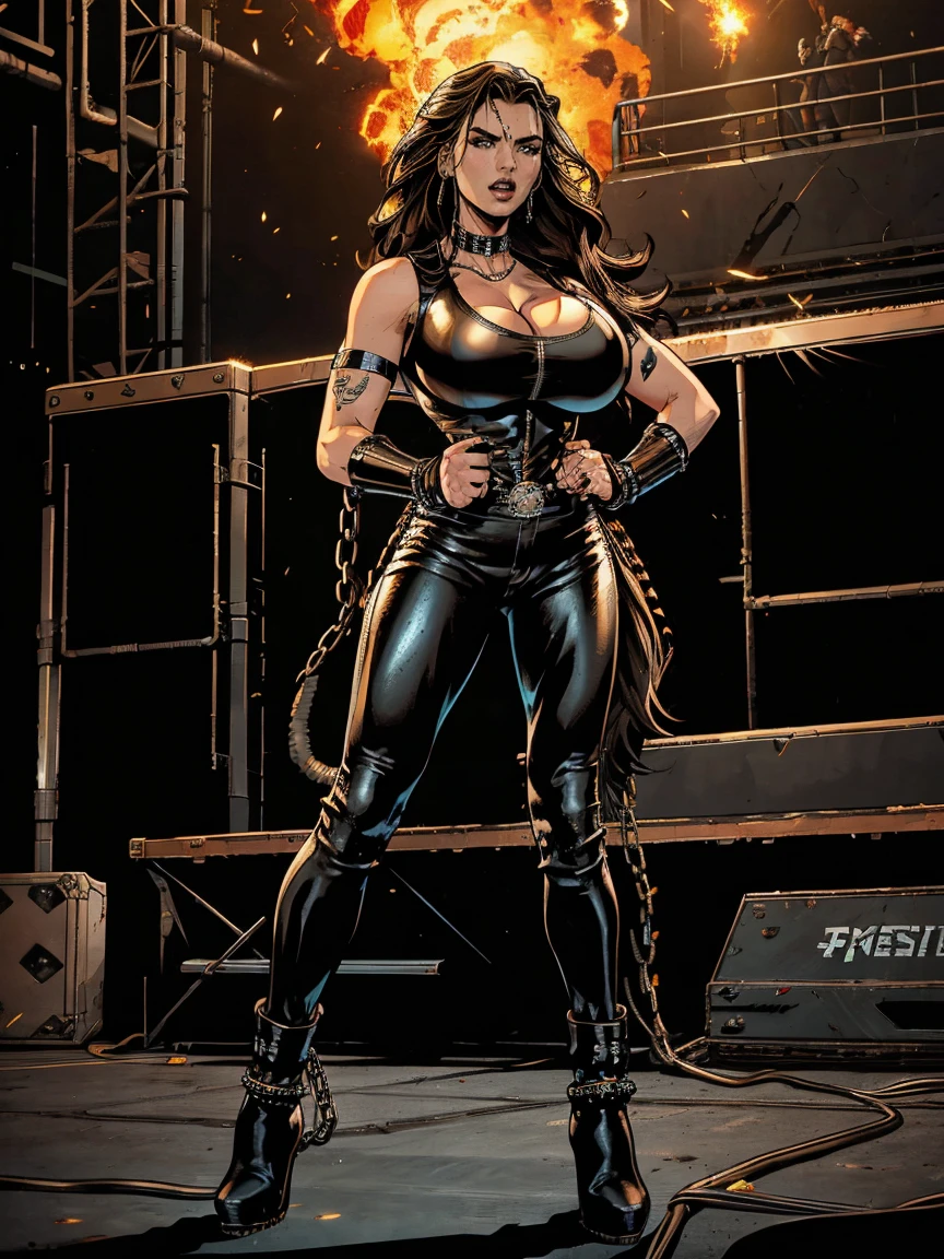 Extremely busty thin and toned brunette death metal singer, college girl, fair skin, big hair, hair pulled back, soft face, athletic, heavy makeup, piercings, black leather, studs, tight black top, boots, fingerless gloves, tight pants, chains. standing on a stage, pyrotechnics, holding a microphone, metal concert. (microphone, fist in the sky), angry, rage, screaming. Heavy metal. Death metal. Explosions, fire.