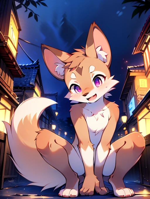 , , cute, (alone), (((Has brown and white fur))), Big purple eyes, Blushing, smile, Open your mouth, Sticking out tongue，tooth、Canine，walking, night, Ancient Asian cities, bright street lights, Blue and black slate road, Empty Streets, Starry Sky, Shadow, Detailed facial depiction, ((Accurate hand drawing)), レンブラントの光とShadow, Ultra-fine，high resolution，Completely naked，Naked，Naked，Full nudity，Nude，Barely，Fully visible，Spread your legs and point your crotch，Embarrassing，Embarrassed look，On all fours，Put your hands and feet on the ground，Sit like a dog，quadruped，Accurate hand and foot count，shame，A furry in heat，first round，Fantasy，Anime-style depiction，Male furry，Animal penises，Young，Young子どものケモノ，