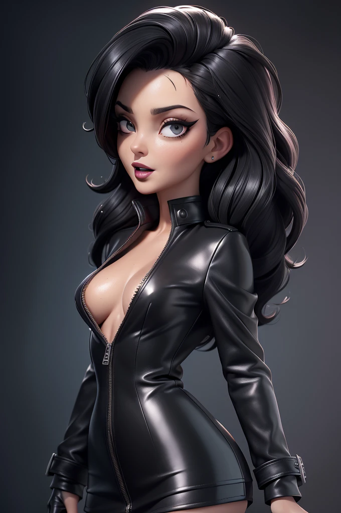 obra prima, melhor qualidade, ((only one woman,)) ((carolyn jones morticia, straight black hair parted in the middle,)) head back, ((sexy sultry wicked look, shiny wet black lipstick, open mouth, pucker mouth,)) thick smoky black eye shadow, long fake eyelashes, ((wearing heavy leather biker blazer over blouse,)) ((jacket is unzipped and wide open, small breasts, nip slip,)) jacket has padded puff shoulders, shiny leather gloves, ((micro mini leather skirt,)) body is skinny, shiny tight buttocks, sexy glamour pose, arched back, (camera view of whole body,) looking up at me, shallow depth of field, highres, HD, 8k, anatomically correct