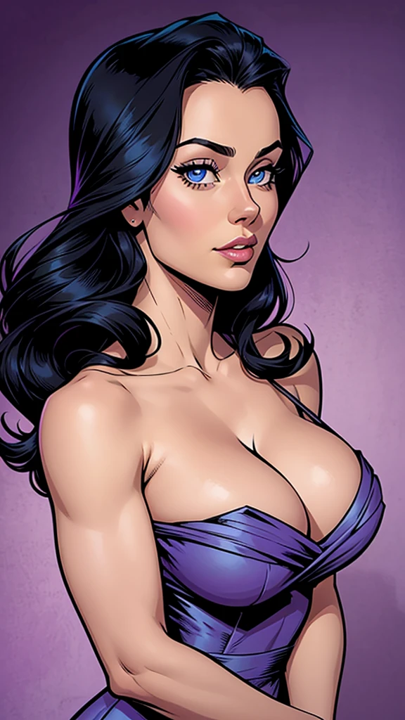 Beautiful girl, 20 years old, deep black hair, blue eyes, elegant lilac dress.  The most beautiful woman in the world, busty. Comic style. Marvel comics style