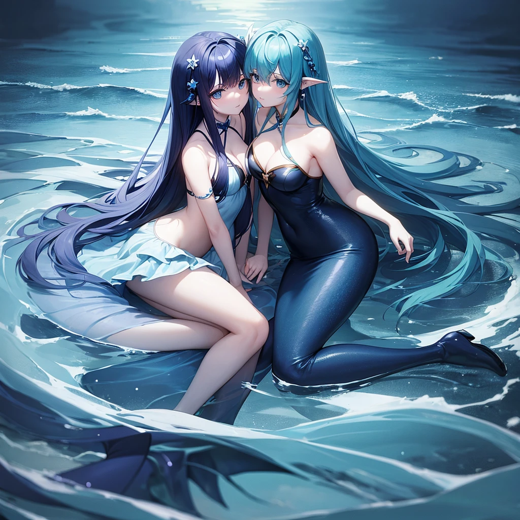 Two more dark blue and light blue hair mermaids sat in the deep ocean A mermaid 