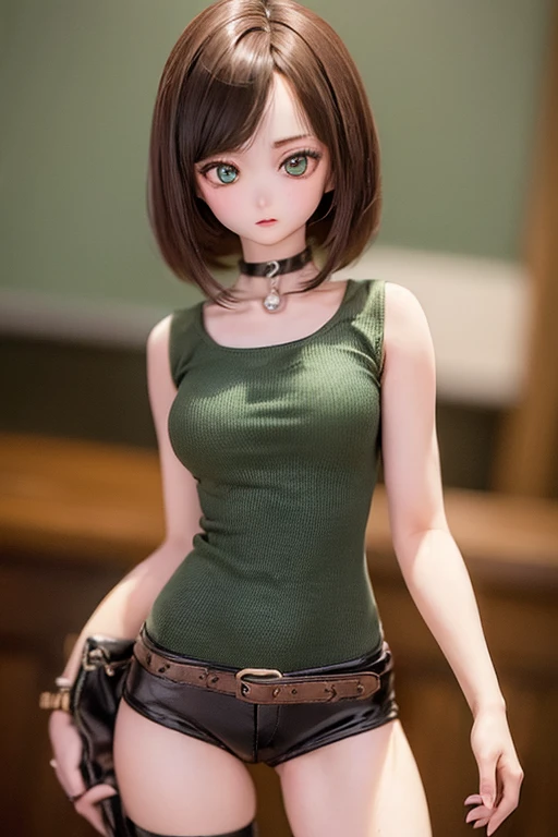 (SFW:2), photorealistic, realistic photo, ((highest quality)), ((masterpiece)), (extremely detailed), kukolnydom, doll, (mature woman, 22yo, 22 years old:1.6), solo, ((cowboy shot, dynamic pose)), (skinny, slender, slim, light smile, parted lips), green eyes, brown hair, (looking at another, gradient eyes, shining eyes, detailed eyes, detailed face, tank top, hot pants, choker:1.3), room, 8k