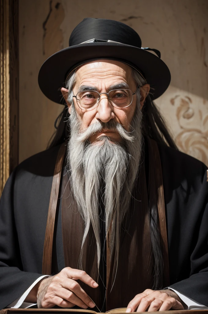 Elderly Hasidic rabbi, long beard, traditional sidelocks, face wrinkles, wearing Kippah (Yarmulka), Background should be a study room full of antique books