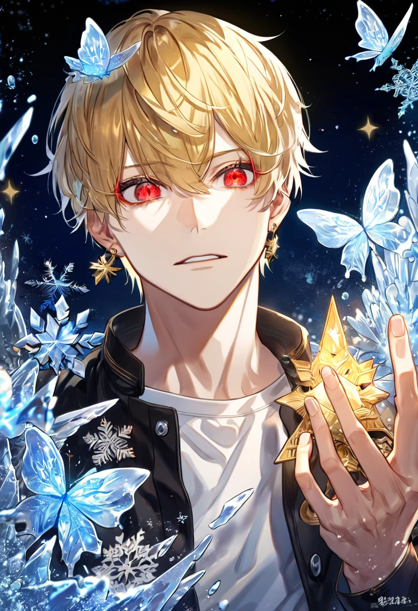 absurdres, highres, ultra detailed, HDR, master piece, best quality, extremely detailed face, delicated features, Gilgamesh, blonde hair, expressive red eyes, fate grand order, black jacket, white T-shirt, golden earrings, solo, man, handsome, fantasy, magical, ice, blue fire, ice butterflies, snowflakes, starry night
