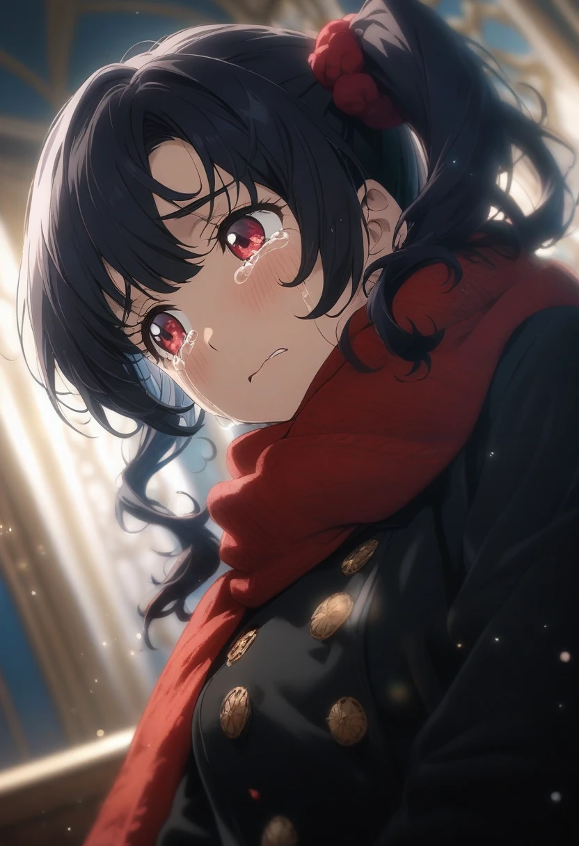 1girl yoshioka yoshiko, official art, sitting, crying, tears streaming, black coat, red scarf, black hair, side_ponytail, red eyes, (very aesthetic, best quality, ultra detailed), intricate details, highres, indoors, light particles, close-up, blurry background,, low angle, cinematic angle, cowboy shot, emotional, delicate features