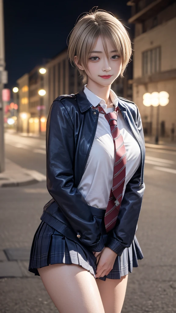 (masterpiece:1.2, top-quality), (realistic, photorealistic:1.4), beautiful illustration, (natural side lighting, movie lighting), nsfw, 
looking at viewer, cowboy shot, front view:0.6, 1 girl, japanese, high school gyaru girl, perfect face, cute and symmetrical face, shiny skin, 
(short hair:1.5, pixie cut:1.4, blond hair), bangs pinned back, red eyes, long eye lasher, (large breasts:0.6, thick thighs), 
beautiful hair, beautiful face, beautiful detailed eyes, beautiful clavicle, beautiful body, beautiful chest, beautiful thigh, beautiful legs, beautiful fingers, 
(((navy jacket), white collared shirts, grey pleated mini skirt, navy socks, brown loafer, red tie)), 
(beautiful scenery), evening, riverside, standing, wave hands, (half-closed eye, lovely smile, upper eyes), 