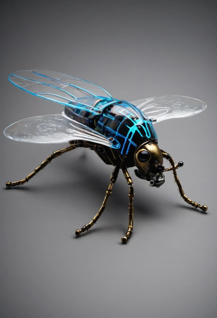 An electronic mechanical insect flying in the dark and showing its circuits and gears through its transparent plastic skin.