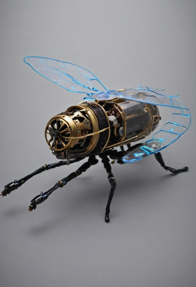 An electronic mechanical insect flying in the dark and showing its circuits and gears through its transparent plastic skin.