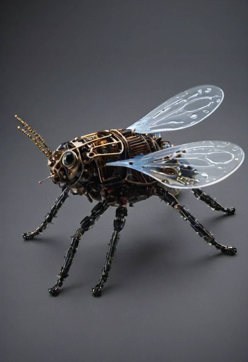 An electronic mechanical insect flying in the dark and showing its circuits and gears through its transparent plastic skin.