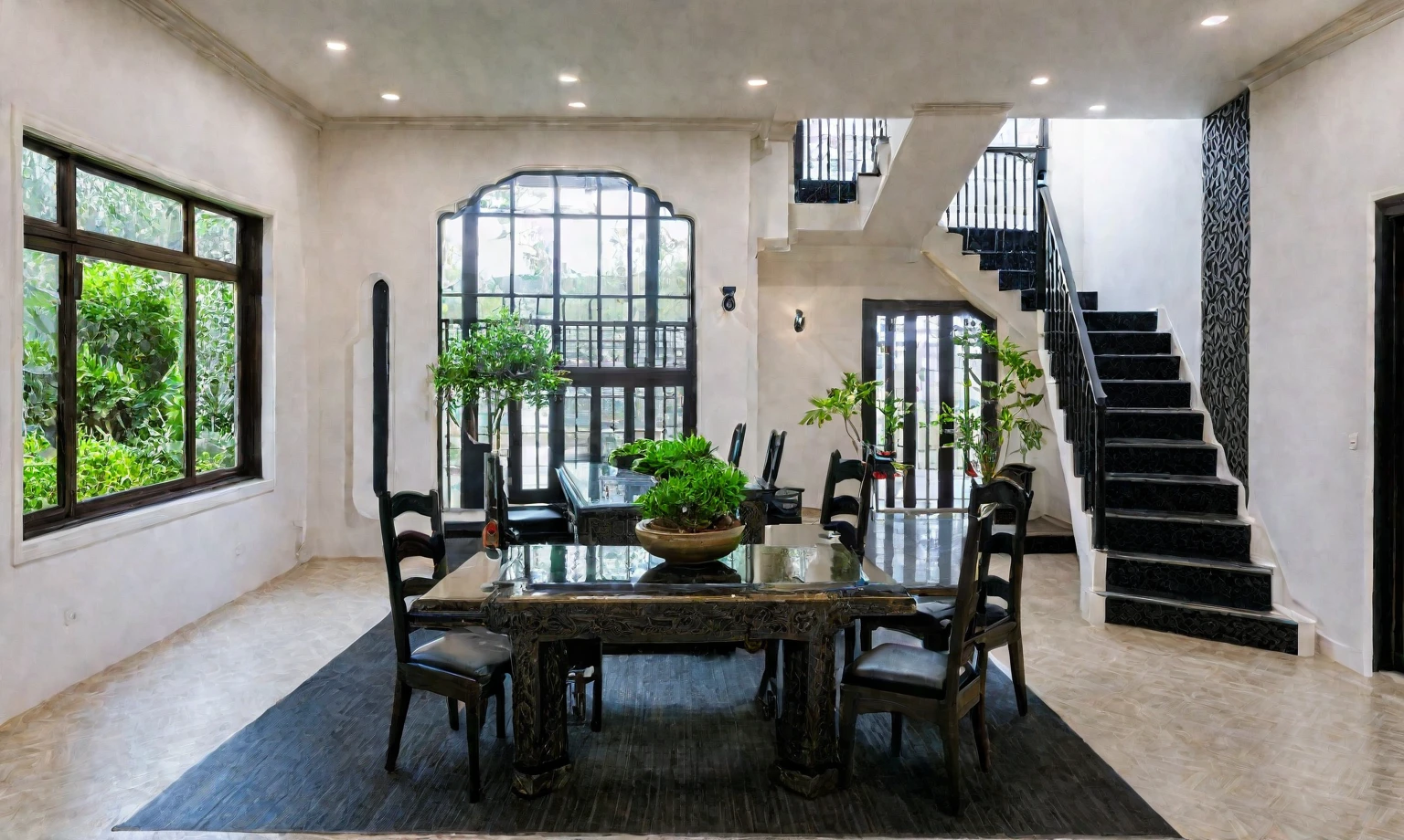 RAW photo, Masterpiece, high quality, best quality, authentic, super detailed, glossy indochina black furniture), 1 indochina style, Indochina interior, 1 dining table set, 1 kitchen cabinet inside, 1 kitchen island, 1 aluminum window on the left, sunshades next to the stairs, bonsai under the stairs, cozy space, glossy floor, 1 solid wood door:1.4,((laminated plaster,))), sunset light)), archdaily architecture, (high detail: 1.2), 8k uhd, dslr, soft light, high quality, film grain, Fujifilm XT3, High-end, hight dynamic light, hight contrast.