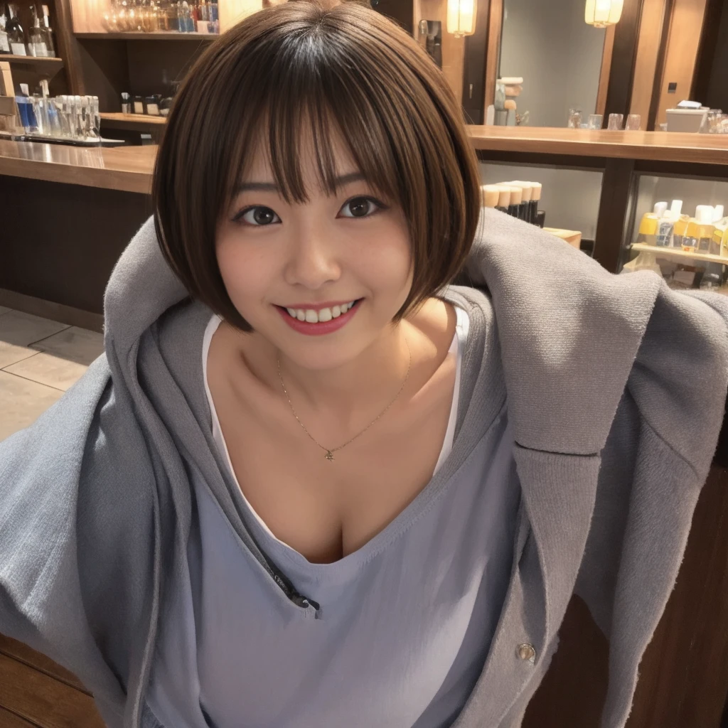 (1 ultra cute japanese girl, short hair:1.5), part-time job at a bar,detailed face, ultra detailed eyes, incredible beautiful eyes, symmetry dropped eyes, no makeup, big smile,Enthusiastic belly laugh, open mouth, best quality, 4k, 8k, highres, masterpiece, ultra-detailed, realistic, photorealistic, photo-realistic, HDR, UHD, studio lighting, ultra-fine painting, sharp focus, physically-based rendering, extreme detail description, professional, vivid colors, bokeh