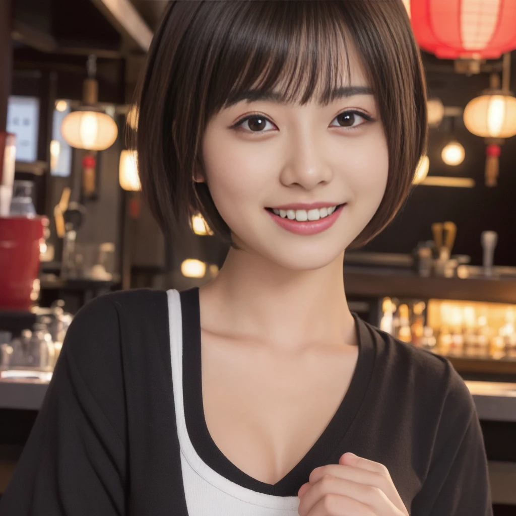 (1 ultra cute japanese girl, short hair:1.5), part-time job at a bar,detailed face, ultra detailed eyes, incredible beautiful eyes, symmetry dropped eyes, no makeup, big smile,Enthusiastic belly laugh, open mouth, best quality, 4k, 8k, highres, masterpiece, ultra-detailed, realistic, photorealistic, photo-realistic, HDR, UHD, studio lighting, ultra-fine painting, sharp focus, physically-based rendering, extreme detail description, professional, vivid colors, bokeh