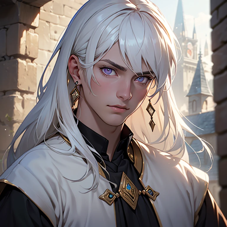 (Masterpiece), best quality, highest quality, highly detailed, original, high resolution CG Unit 8k wallpaper, (depth of field: 1.5), fidelity: 1.3, (best quality, artwork, masterpiece, 4k), solo, male, pale white skin, white hair, long hair, straight hair, handsome young man, detailed background of a castle, beautiful eyes, purple eyes, masterpiece, age 18, masculine features, earrings, wearing realistic medieval clothing, detailed face, serene expression