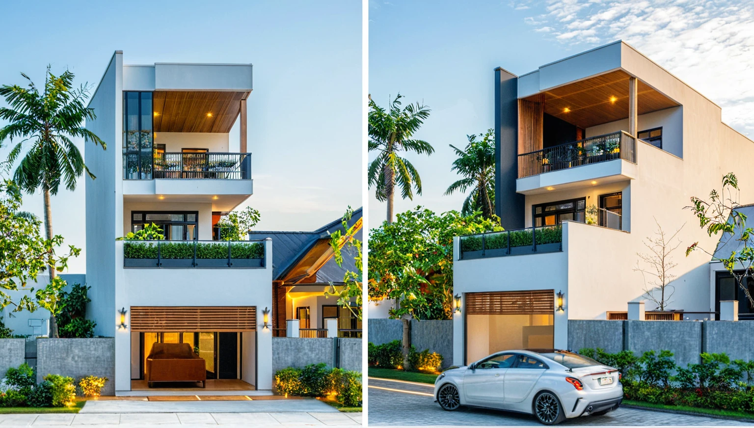 Masterpiece, high quality, best quality, authentic, super detail, outdoors, onestoreyvillaXL, aiaigroup, house style modern on the street ,stairs, CONWOOD CELLING,white wall ,road,pavement, grass, trees, sky, cloud, (daylight:1.1)
