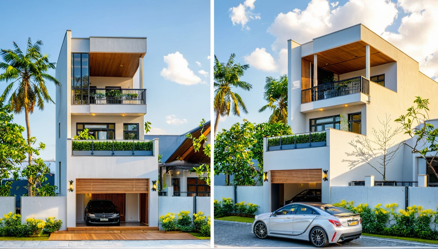 Masterpiece, high quality, best quality, authentic, super detail, outdoors, onestoreyvillaXL, aiaigroup, house style modern on the street ,stairs, CONWOOD CELLING,white wall ,road,pavement, grass, trees, sky, cloud, (daylight:1.1)