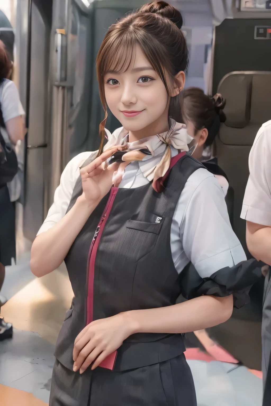 (masterpiece:1.2, Highest quality:1.2), 32k HDR, High resolution, (alone、One girl)、(Ride the bullet train、Professional Lighting)、Background in the car、(Realistic style of JR Gran Class crew uniform)、Short sleeve blouse、a scarf around the neck、(JR Gran Class flight attendant uniform with pink parts on the skirt sleeves)、(The uniform of a flight attendant in JR Gran Class has a pink line on the front zipper of the vest.)、Dark brown hair、(Hair tied up、Hair Bun、Hair Bun)、Dark brown hair、Long Shot、Big Breasts、((Great hands:2.0)),((Harmonious body proportions:1.5)),((Normal limbs:2.0)),((Normal finger:2.0)),((Delicate eyes:2.0)),((Normal eyes:2.0)))、Luxury Necklace、smile、Beautiful standing posture,
