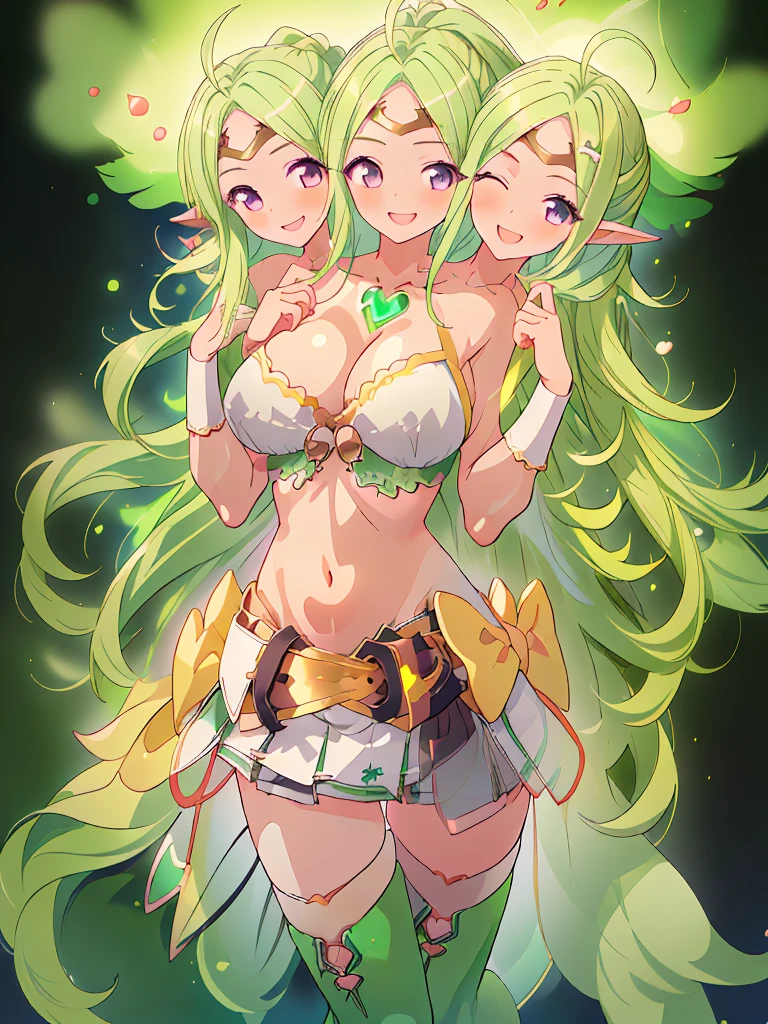 (masterpiece, best quality), best resolution, (3heads:1.5), 1girl, light green hair, long flowing hair, smiling, seductive smile, open belly, light green crop top, light green miniskirt, open breasts, big tits, very huge tits, black headband, detailed eyes, beautiful eyes, alluring presence,