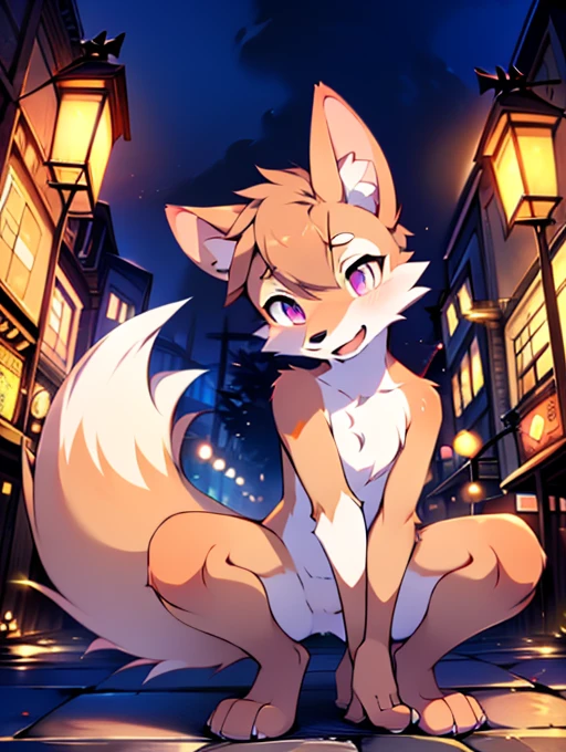 fox, , cute, (alone), (((Has brown and white fur))), Big purple eyes, Blushing, smile, Open your mouth, walking, night, Ancient Asian cities, bright street lights, Blue and black slate road, Empty Streets, Starry Sky, Shadow, Detailed facial depiction, ((Accurate hand drawing)), レンブラントの光とShadow, Ultra-fine，high resolution，Completely naked，Naked，Naked，Full nudity，Nude，Barely，Fully visible，Spread your legs and point your crotch，Embarrassing，Embarrassed look，On all fours，Put your hands and feet on the ground，Sit like a dog，quadruped，Accurate hand and foot count，shame，A furry in heat，first round，Fantasy，Anime-style depiction，Male furry，