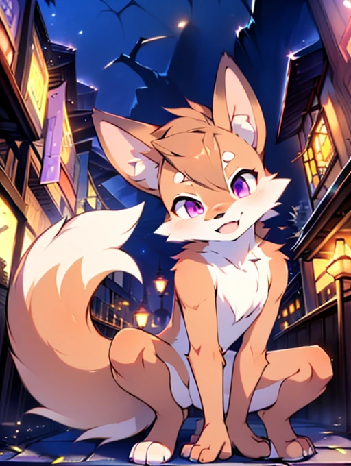 fox, , cute, (alone), (((Has brown and white fur))), Big purple eyes, Blushing, smile, Open your mouth, walking, night, Ancient Asian cities, bright street lights, Blue and black slate road, Empty Streets, Starry Sky, Shadow, Detailed facial depiction, ((Accurate hand drawing)), レンブラントの光とShadow, Ultra-fine，high resolution，Completely naked，Naked，Naked，Full nudity，Nude，Barely，Fully visible，Spread your legs and point your crotch，Embarrassing，Embarrassed look，On all fours，Put your hands and feet on the ground，Sit like a dog，quadruped，Accurate hand and foot count，shame，A furry in heat，first round，Fantasy，Anime-style depiction，Male furry，