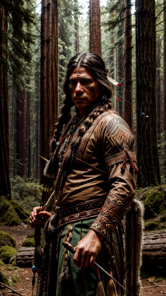 a detailed tribal Native American archer in the rugged wilderness of the American frontier, extremely detailed face and eyes, beautiful detailed braided hair, native american traditional clothing and accessories, hunting bow and arrow, redwood forest background, cinematic lighting, dramatic shadows, highly detailed, photorealistic, 8k, masterpiece