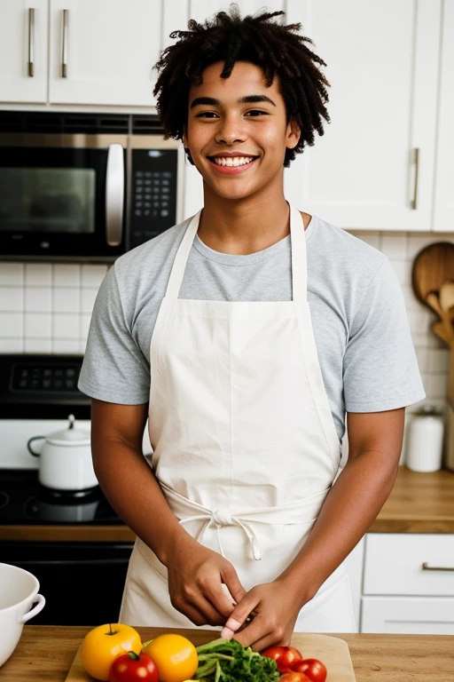 Create a full-length image of a classmate wearing a white apron. The image must have a realistic finish, not comic style. The boy is about , black skin and very short, curly hair with a not-so-low military cut. His face always wears a smiling smile., radiating joy and happiness, with slightly rounded cheeks that give it a youthful and friendly appearance.
This guy is known for his willingness to share and help his friends. He is always willing to offer his support and be a good companion.. His positive and cheerful attitude makes him the center of his group of friends., and his presence is a constant source of good cheer and energy.
The image should place it in an American-style kitchen as a background. I could stand, showing off his white apron while interacting friendly with someone or preparing something in the kitchen. The scene should capture your cheerful nature and your willingness to help others.. Your facial expression should reflect your kind and friendly nature., with a smile that shows your joy of living.
Image style must be realistic, with careful details that bring the scene to life. Lighting can be warm and welcoming, highlighting the homey atmosphere of American cuisine. The boy's casual clothes, like a comfortable t-shirt and pants under the apron, It must be faithful to the environment and the youthful style that characterizes it.
This image should convey not only your physical appearance, but also its inner essence: a young man full of life, joy and an innate disposition to do good and help others.