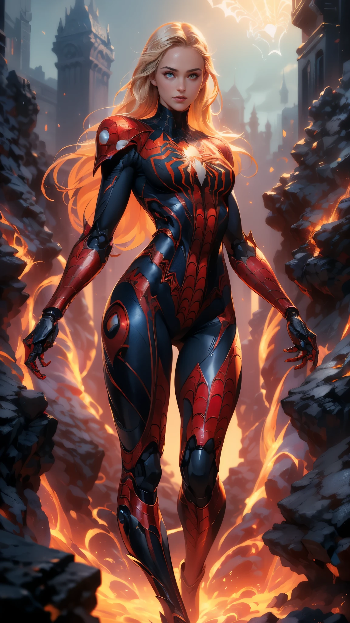 (1girl:1.3), Solo, (((Very detailed face)))), ((Very detailed eyes and face)))), Beautiful detail eyes, Body parts__, Official art, Unified 8k wallpaper, Super detailed, beautiful and beautiful, beautiful,(BodySuit látex Spiderman cyborg transparent :1.4), masterpiece, best quality, original, masterpiece, super fine photo, best quality, super high resolution, realistic realism, sunlight, full body portrait, amazing beauty, dynamic pose, delicate face, vibrant eyes, (from the front),( She wears Spider-Man suit:1.4) , (red and black color scheme:1.4) , spider, very detailed city roof background, rooftop, overlooking the city, detailed face, detailed complex busy background, messy, gorgeous, milky white, highly detailed skin, realistic skin details, visible pores, clear focus, volumetric fog, 8k uhd, DSLR, high quality, film grain, fair skin, photo realism, lomography, futuristic dystopian megalopolis, translucent, Epic Fantasy Art Style HD, 4K fantasy art, epic fantasy digital art style, epic fantasy art style, Fantasy Woman, epic fantasy art portrait, Epic fantasy style, hyperrealistic fantasy art, hd fantasy art, Epic fantasy character art, epic fantasy art, in style of dark fantasy art, epic fantasy digital art, (pose dinámica vaquero), (anatomía perfecta :1.4), (iluminación cinematográfica :1.4), (colores brillantes), (cyborg mecánica spider man white :1.4) 