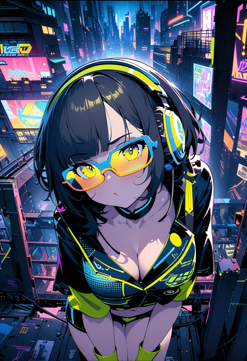 masterpiece, junk art, ultra-detailed illustration, neon night futuristic city, grid girl, short-sleeved, little cleavage, headphones, yellow under-rimmed glasses, short hair, bangs, 