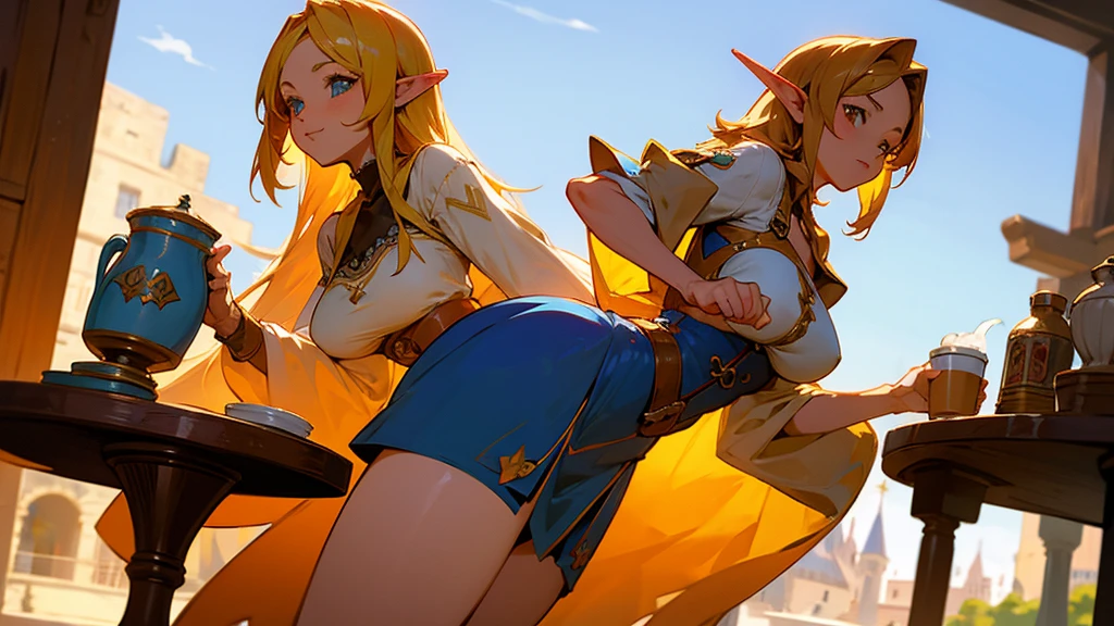 Thick thighs,Anime Style,A detailed background with many people,Magical World,People on the balcony,Smiling bard beautiful elf girl,Overreaching,Large Breasts