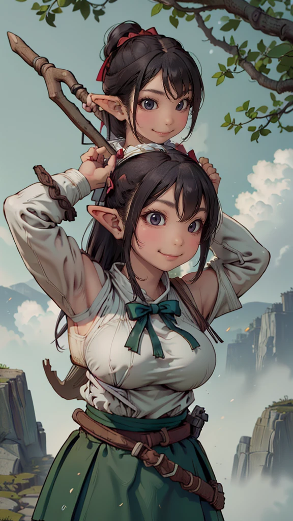 (cute elf ),(archer clothes),(carrying bow on her back:1.5),(messy hairstyle),(large breasts:1.5),in forest background,(Highest image quality, (8K), Ultra-realistic, Best Quality, High quality, High Definition, high quality texture, high detailing, Beautiful detailed, fine detailed, extremely details CG, Detailed texture, realistic representation of face, masterpiece, presence)