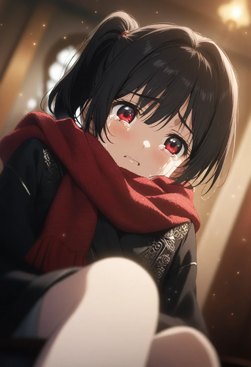 1girl kuroi mimei, official art, sitting, crying, tears streaming, black coat, red scarf, black hair, side_ponytail, red eyes, (very aesthetic, best quality, ultra detailed), intricate details, highres, indoors, light particles, close-up, blurry background,, low angle, cinematic angle, cowboy shot, emotional, delicate features