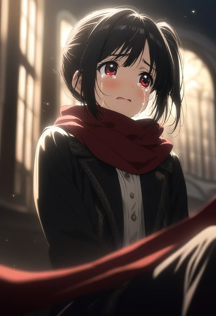 1girl kuroi mimei, official art, sitting, crying, tears streaming, black coat, red scarf, black hair, side_ponytail, red eyes, (very aesthetic, best quality, ultra detailed), intricate details, highres, indoors, light particles, close-up, blurry background,, low angle, cinematic angle, cowboy shot, emotional, delicate features
