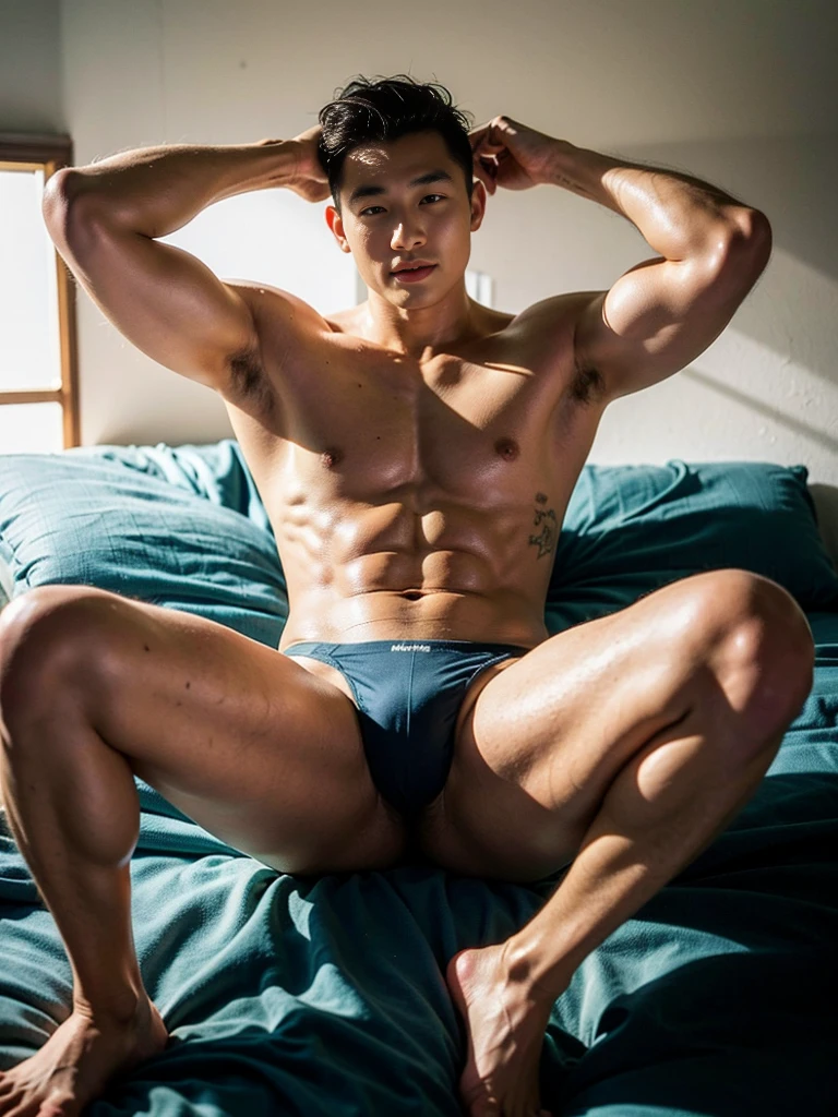 Realistic photography, 8k, smooth skin, handsome young muscular Chinese man, wearing no shirt, wearing only black thong, huge bulge, bedroom, lying down on the bed, lifted arms, spread legs, facing the sun, body lighting, front lighting