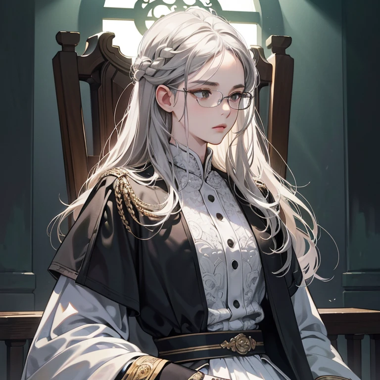 (masterpiece:1.2)、top-quality、(illustratio:1.2)、(ultra-detailliert)、Hyper-detailing、(delicate detail)、(intricate detailes)、(ciinematic light、best quality backlight)、Clear Line、frombelow、soloist、the perfect body、(50 generationale people)、Gray hair and black eyes、beard、(Military division、eye glass)、Stand on the side of the throne、grim facial expression、highly contrast、(The best lighting、Very creative and beautiful)、 (Cinematic light)、colourfull、1人