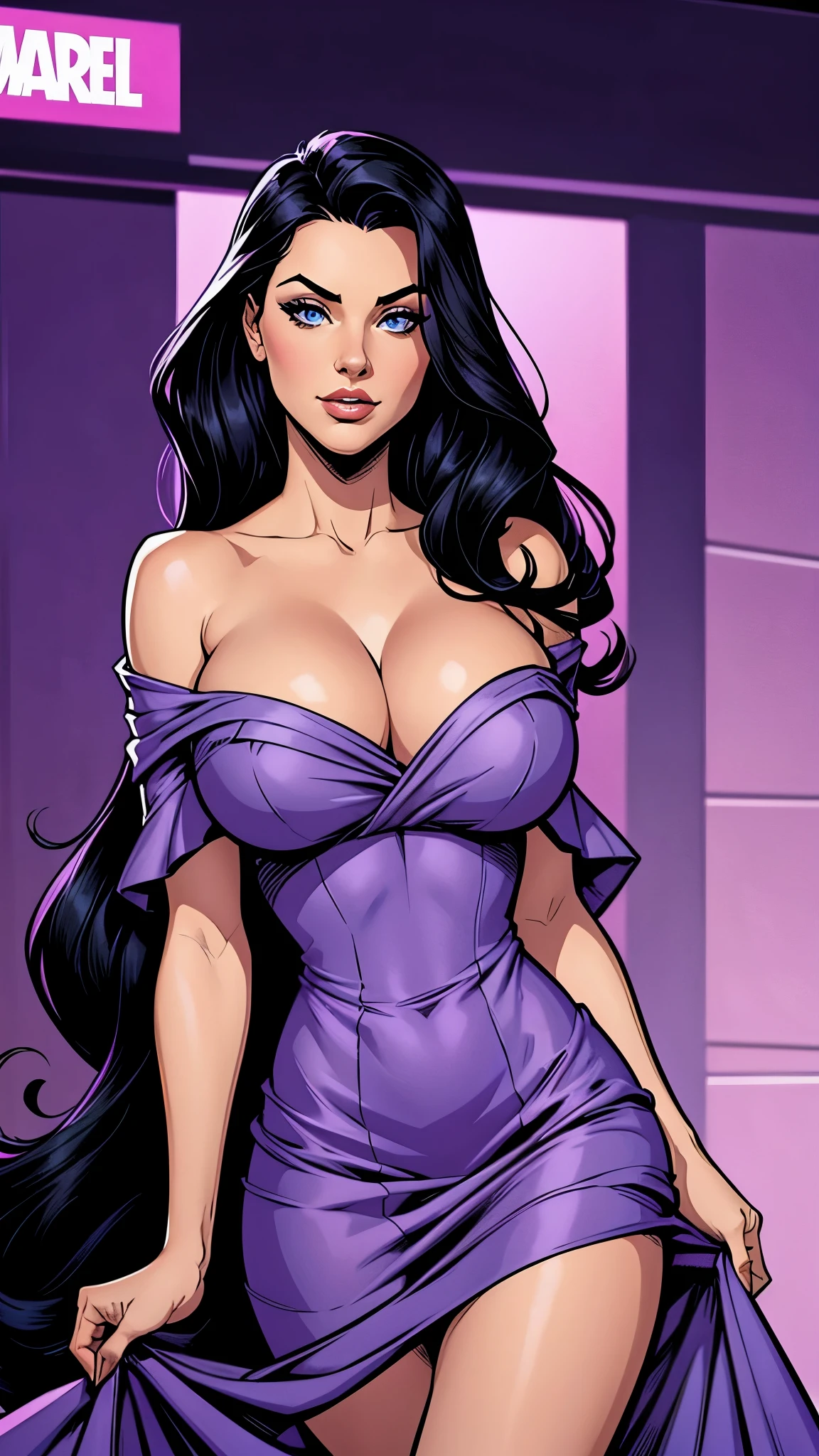 Beautiful girl, 20 years old, deep black hair, blue eyes, she wears an elegant lilac dress. The most beautiful woman in the world, busty. Comic style. Marvel comics style