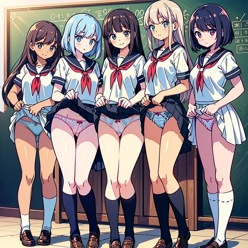 ((masterpiece, highest quality, High resolution, 超High resolution, Perfect Pixel, Depth of written boundary, 4K, RTTX 10.0, High resolution))), (Five adult women:1.3), Beautiful Anime Woman, Beautiful art style, Anime characters, ((Long Hair, bangs, Dark brown hair, Various hairstyles)), ((Beautiful eyelashes)), ((Detailed face, blush:1.2)), ((Smooth texture, Realistic texture, Anime CG Style)), Perfect body, Slender body, Exact finger count、Exact number of legs、Exact number of arms, (blush:1), (The five women are standing side by side, lifting their skirts to greet the crowd.:1.2), ((Fashionable white shirt, Sailor collar, mini skirt, Knee-high socks, loafers: 1.2)), (Lift up your skirt yourself:1.1), Realistic, (Slender body:1.1), highest quality, High resolution, Very detailed face, Perfect lighting, Extremely detailed CG, (Perfect hands, Perfect Anatomy), Embarrassed expression, (School classroom, Blackboard background:1.3), Morning sun-like lighting, whole body, ((Stylish and sexy shiny satin panties, Stylish lace side-tie panties, White panties, Pink Panties, Light blue panties:1.2)), Angle from the front、(Beautiful and thin thighs:1.1),NSFW,masterpiece