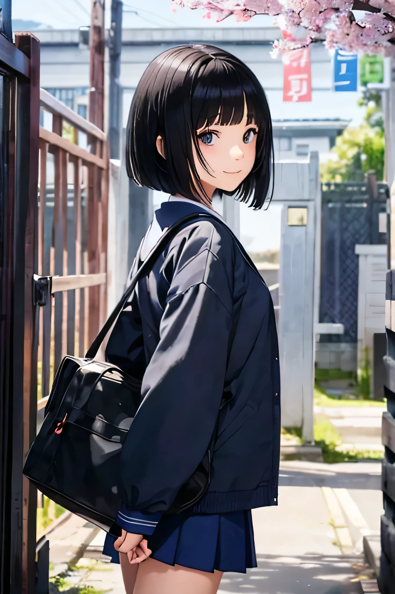 、Black-haired、Iris、Bob Cut Hairstyles、Cut the front hair evenly、 Blue Sailor Suit、clothes that are longer than your body size、school bag、Small breasts、A kind smile、Red Tide、 {{{{{{The background is the school gate of a Japanese high school...}}}}}}、spring、Cherry tree、High resolution、unity 8k wallpaper、Professional、Highly detailed face、Perfect lighting、 Highly detailed CG、(Perfect hands、Perfect Anatomy)、Entrance Ceremony、Serious girl、Quiet Girl、short、Commemorative photo、Stand Upright