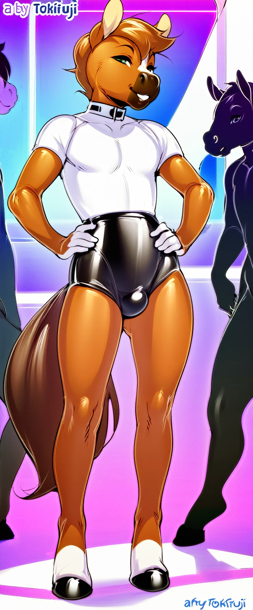1boy, solo, (((digitally drawn))), ((drawn by Tokifuji)), highly detailed, full body image of a twink male ((horse)) with rubber skin, detailed smooth and shiny skin, skin is made of rubber ,full body, standing, hand on hip, other hand resting at side, in a futuristic nightclub with other rubber anthro animals