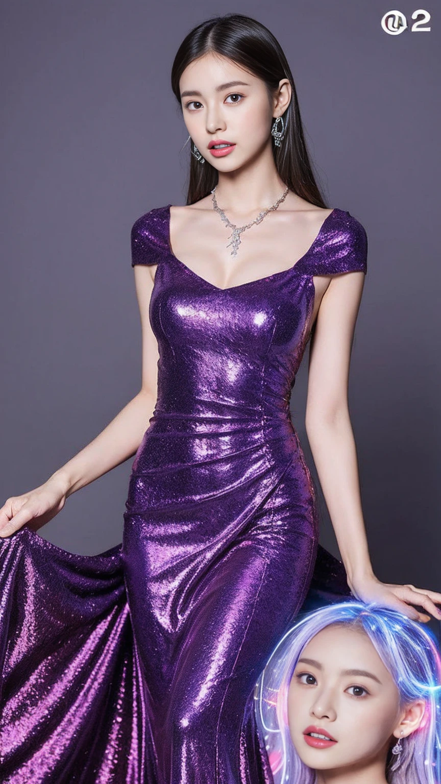 Best Work,Super high quality work,4K:2.0,Ultra-high resolution,8K HD CG Production,High quality graphics,3D high-definition CG photo,Ultra-high resolution,Super exquisite item:1.1,Technical Details:1.1,室内灯Light effects果:1.1,Natural dimming,Light effects,Ultra-high resolutionの大容量ファイル,Fashion Clothing Photos,Exquisite and sexy woman,Mature sexy woman,Royal sisterhood,Characteristics of European and American women,mixed race beauty,Whimsical Goddess,Silver Hair,She has long purple,Transparent Hair,Pay attention to your hair quality(Premium Hair Detail:1.1)Beautiful and delicate eyebrows and eyelashes,Big eyes,Bright red eyes,Sexy red lips,Perfect Lip Shape,Translucent skin texture,Moisturized Skin(Advanced Face Detail:1.1)Perfect goddess face,Perfect figure,Top Supermodels,A devilish figure,Plump butt,Men have small waists,Long legs,(Advanced Skin Details:1.1),Smooth,Wear an evening dress,Deep purple dress, ((Glow Dress:1.5))Sequined Evening Dress,Dress Dress,Silk scarf,Lace dress(Premium lace detailing:1.1)Deep purple,High heels,livestock,Wearing Jewelry,ear nipple ring,necklace,bracelet,At dinner,Full Body Shot,Costume Art Photography,high quality work