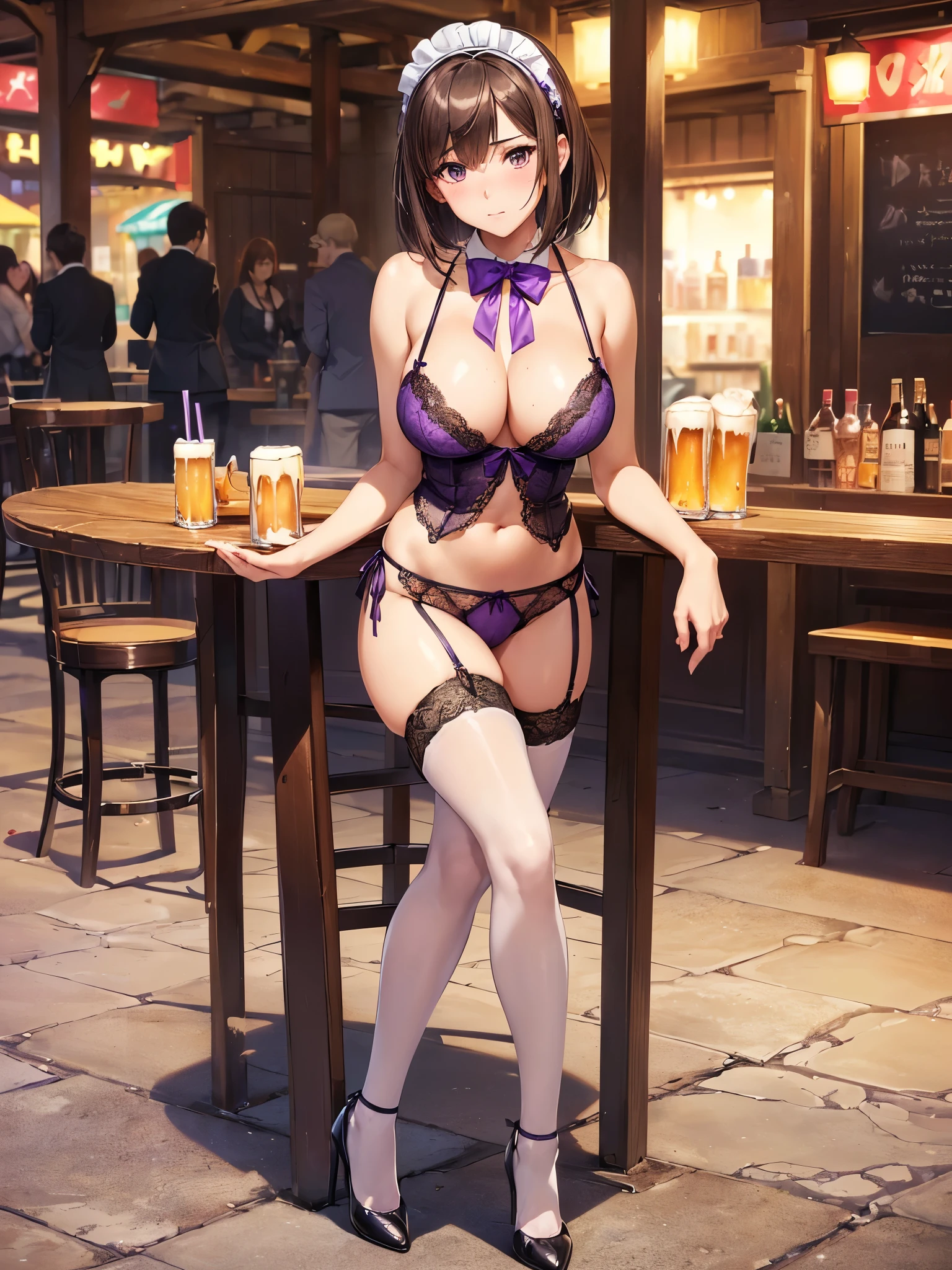 (masterpiece), best quality, expressive eyes, perfect face,1girl,Koizumi hanayo,love live,from behind,purple eyes, playboy bunny,big breasts, smile ,ass, standing on one leg, bar,bar lighting